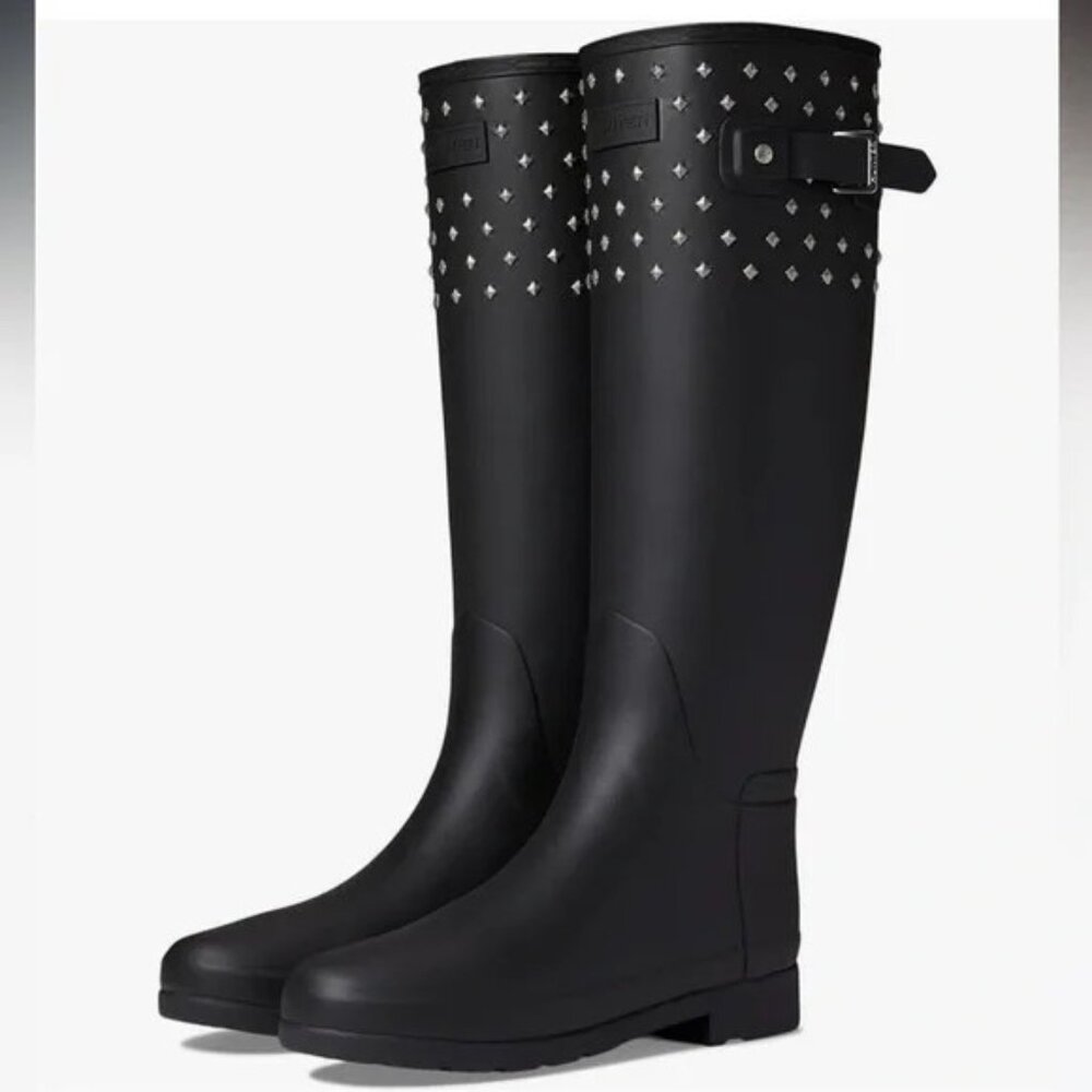 New Hunter Refined Black Stud Cuff Tall Rain Boots Waterproof Wellington  Wellie
